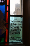 Detail, Inscription and Signature from Icon of Saint Matthew window by Christopher Wallis