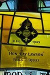 Detail, Insignia for O.B.E and Inscription for Hon. Ray Lawson from The Lord is My Shepherd Window or Lawson Memorial Window by Christopher Wallis