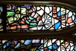 Detail, Upper Inscription and Tending to the Sick from Left Lancet of The Albert and Julia Moffitt Memorial Window by Yvonne Williams